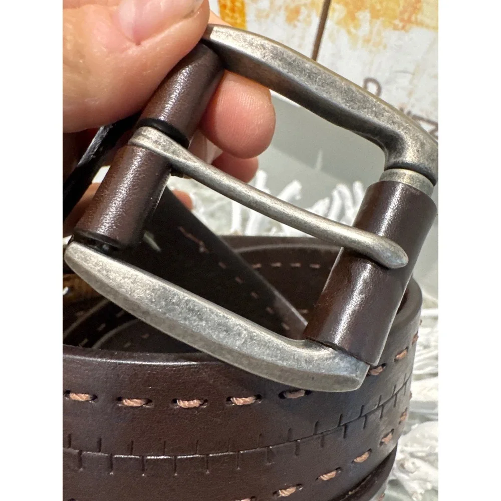 men's dark brown leather Orvis belt thick, rugged‎ strap accent stitch rows 44